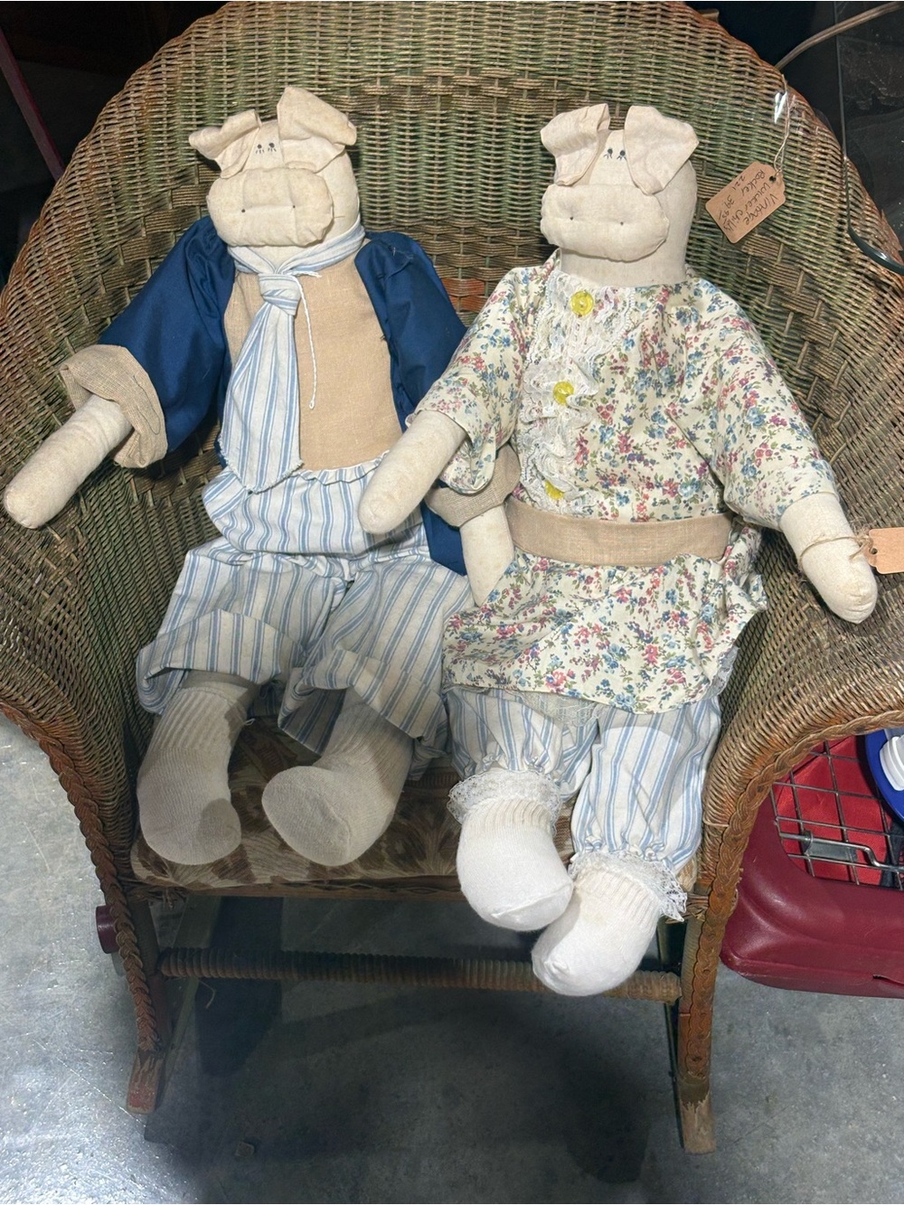 Handcrafted Folk Art Pig Doll Pair in Blue and Floral